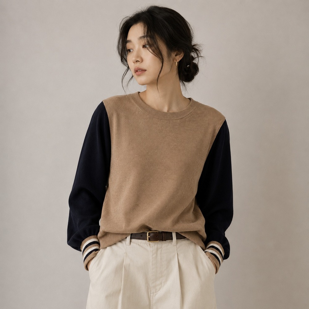 Madewell Baybrook Pullover‎ Women's Sweater Camel/Black Colorblock Knit XL
